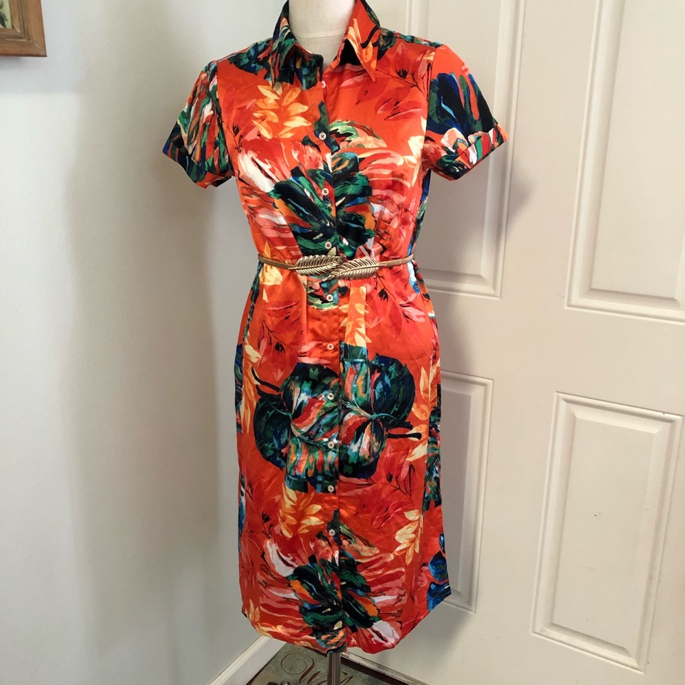 Tropical palm frond leaf shirtdress shirt dress
